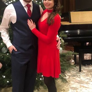 Express Red Long Sleeve Keyhole Dress